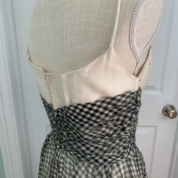 Vintage 1950’s Satin & Chiffon Gingham Check Bodice Cottagecore Midi Dress Sz 8 - Picture 4 of 9